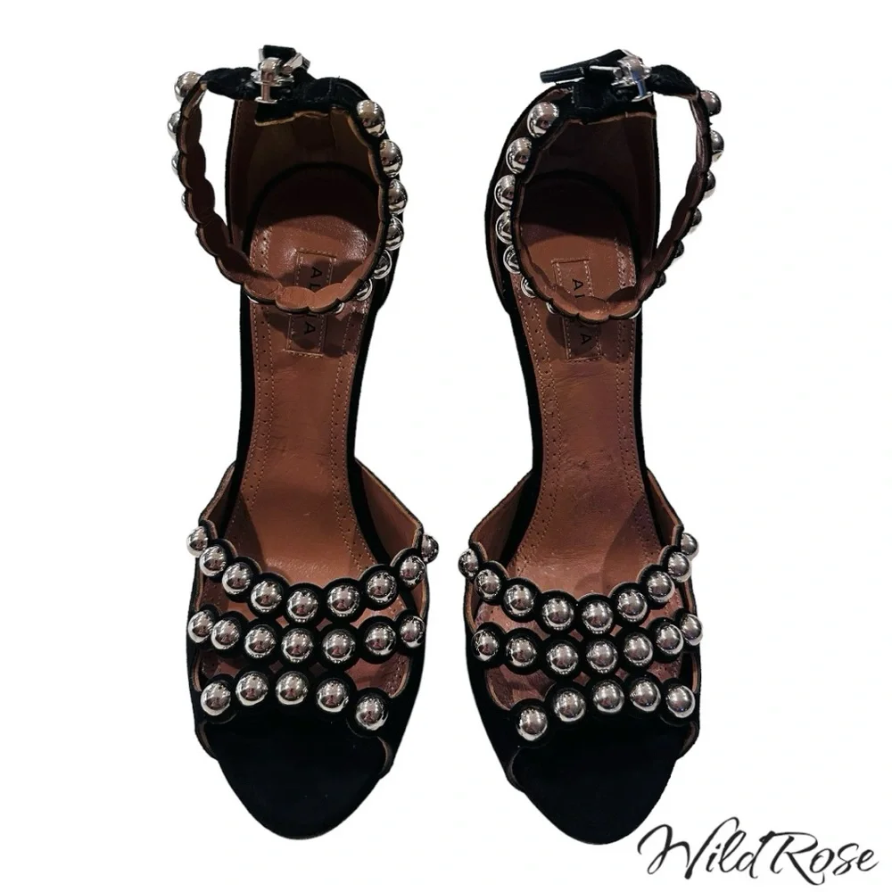 Alaia Black Suede Studded Ankle Strap Sandals Heels Size 36 - Picture 5 of 16